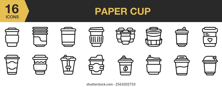 Paper Cup icon set. Includes paper, drink, cup, disposable, mug, container, and More. Outline icons vector collection.