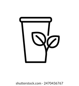 Paper cup with leaves outline icon. Eco friendly cup symbol. Editable stroke. Isolated vector illustration 