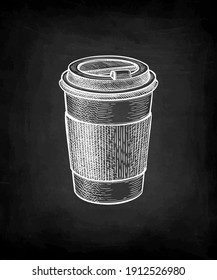 Paper Cup With Lid. Coffee To Go. Small Size. Chalk Sketch Mockup On Blackboard Background. Hand Drawn Vector Illustration. Retro Style.