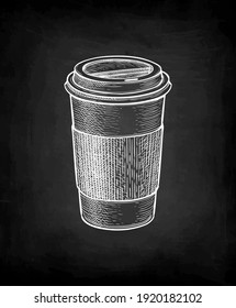 Paper cup with lid. Coffee to go. Chalk sketch mockup on blackboard background. Hand drawn vector illustration. Retro style.