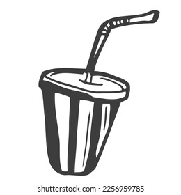 Paper Cup with Lid and Straw, Glass for Beverage Takeaway. Vector Illustration Isolated on a Black Chalkboard Background. Savoyar Doodle Style.