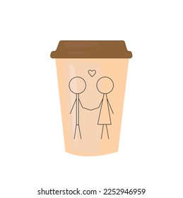 Copa de papel con hombres y mujeres. Me encanta la taza de papel de café. Ilustración vectorial al estilo de las caricaturas planas.