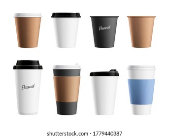 Paper cup mockup. Brown eco mug template for coffee cappuccino latte. Branding realistic drinks package or take away containers vector set