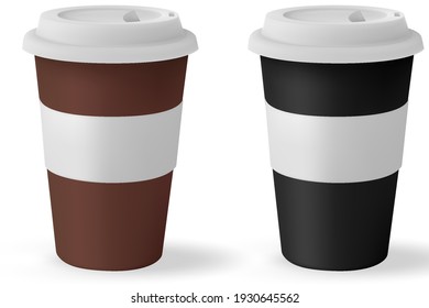 Paper cup mockup coffee with black lid isolated on white background. Take away tea cup empty blank copy space.