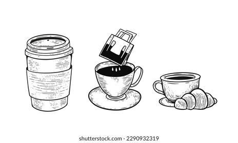Paper cup and mug with coffee set black and white engraving style. Hand drawn vector art illustration.