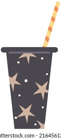 Paper cup with painted stars. Space themed drink decoration. Container with straw and cosmic print vector illustration. Design element for space theme party. Drink in paper cup with celestial bodies