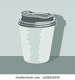 A paper cup with a plastic lid, color vector illustration drawn by hand in grey colors with shadows