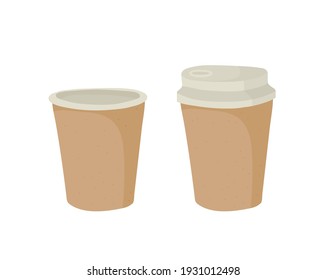 Paper cup with plastic lid. Outline vector illustration on a white background. Tea, coffee.