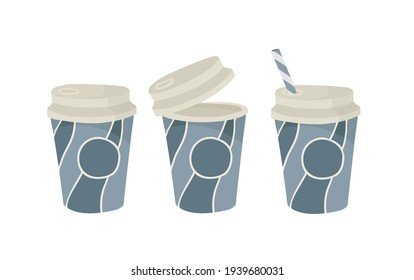 Paper cup with plastic lid. Outline vector illustration on a white background. Tea, coffee.