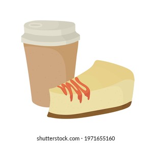 Paper cup  with plastic lid. A piece of cheesecake with topping. Tea, coffee. Outline vector illustration on a white background.