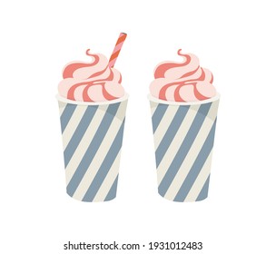 Paper cup with plastic lid and tube. Strawberry topping. Ice cream, milkshake. Outline vector illustration on a white background.