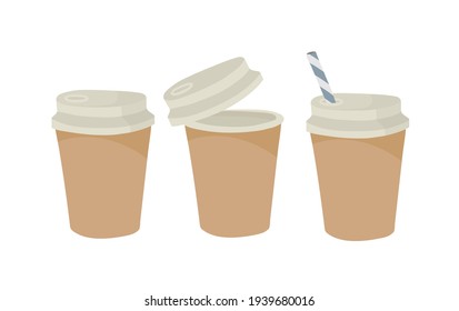 Paper cup with plastic lid and tube. Outline vector illustration on a white background. Tea, coffee.