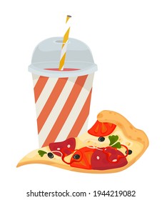 Paper cup with plastic lid and tube. Juice, cocktail, smoothie, soda. A slice of pizza. Birthday, holiday, weekend, fast food, street food. Outline vector illustration on a white background.