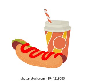 Paper cup with plastic lid and tube. Tea, coffee. Hot dog with mustard, ketchup. Outline vector illustration on a white background.