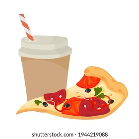 Paper cup with plastic lid and tube. Tea, coffee. A slice of pizza. Outline vector illustration on a white background.