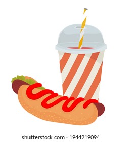Paper cup with plastic lid and tube. Juice, cocktail, smoothie, soda. Hot dog with mustard, ketchup and salad. Outline vector illustration on a white background.