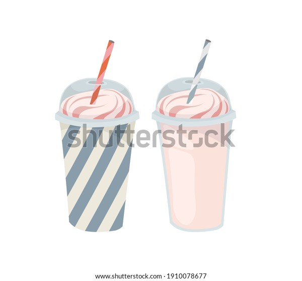 Paper cup with\
plastic lid and tube.  Ice cream, milkshake. Outline vector\
illustration on a white\
background.