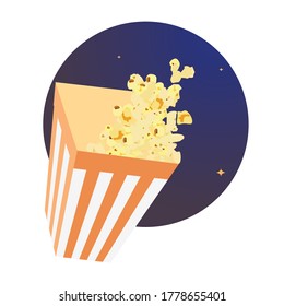 Paper cup with popcorn background. Striped popcorn cardboard bucket. Vector