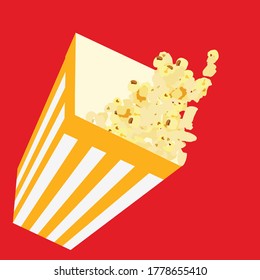 Paper cup with popcorn on red background. Striped popcorn cardboard bucket. Vector