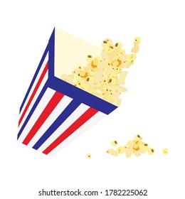 Paper cup with popcorn. Striped popcorn cardboard bucket. Vector