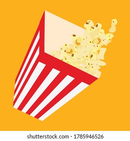 Paper cup with popcorn. Striped popcorn cardboard bucket. Vector