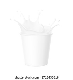 Paper cup with realistic milk splashes and drops. Vector illustration isolated on white background. Ready for your design. EPS10.	