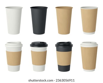 Paper cup realistic mockup. Coffee take away mug, disposables eco cups with plastic lid for cafe and bar. 3d hot drinks pack pithy vector collection