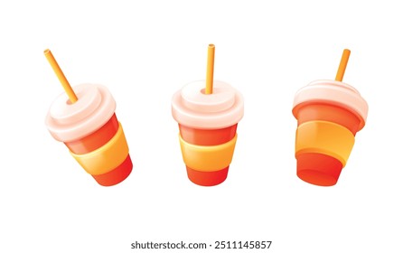 Paper cup render. 3d takeaway coffee cups with straw cover for to go cafe, tasty soda coke cola beverage or tea drink in cardboard mug plastic ad mockup, exact vector illustration original artwork