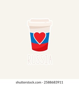 Paper cup with Russian flag and red heart. Russian holidays concept.