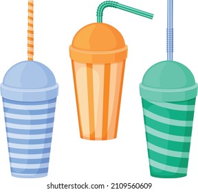 A paper cup. A set of paper cups with a straw. Plastic cups for fast food. A cup for drinks of different colors with a straw. Vector illustration isolated on a white background