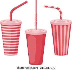 A paper cup. A set of paper cups with a straw. Plastic cups for fast food. A red beverage cup with a straw. Vector illustration isolated on a white background