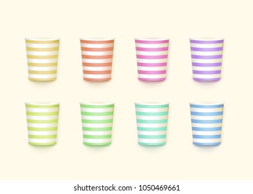 Paper cup Set of striped multicolored disposable glasses 3d Collection for design of food packaging and advertising Fashionable pastel palette Vector illustration
