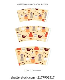 Paper cup sleeves illustration template. Three coffee cup wraps with vector patterns. Editable stroke. 1:1 ratio layout. Hot beverage packaging design. Take-out drinks design identity.