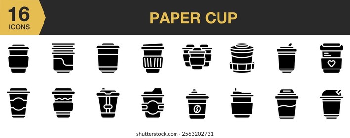 Paper Cup solid icon set. Includes paper, drink, cup, disposable, mug, container, and More. Solid icons vector collection.