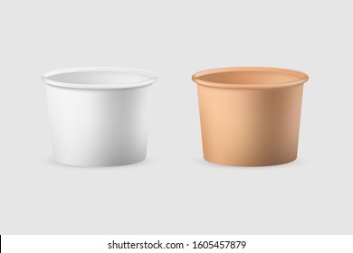 Paper cup for soup. Empty white and brown disposable tableware.