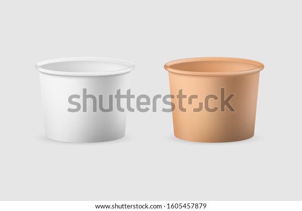 Paper cup for soup. Empty white and brown
disposable tableware.