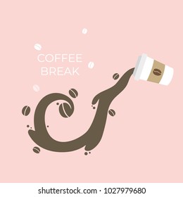 Paper cup  , Splash coffee is coffee beans vector. Pink background.