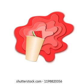 Paper cup with splash pouring juice. Bursts of watermelon juice in layers spread over the white background and a piece of juicy citrus in paper style. Vector illustration origami art