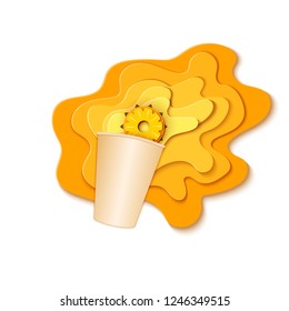 Paper cup with splash pouring juice. Bursts of pineaplple juice in layers spread over the white background and a piece of juicy ananas in paper style. Vector illustration origami art