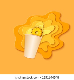 Paper cup with splash pouring juice. Bursts of pineaplple juice in layers spread over the yellow background and a piece of juicy ananas in paper style. Vector illustration origami art