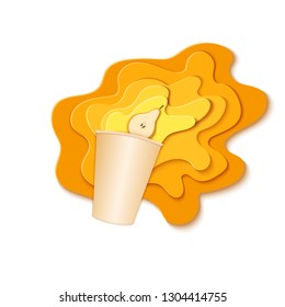 Paper cup with splash pouring juice. Bursts of pear juice in layers spread over the white background and a piece of juicy friut in paper style. Vector illustration origami art