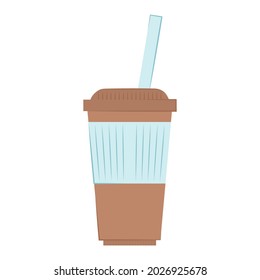 Paper cup with a straw for coffee isolated on a white background. Vector flat illustration. Brown plastic cup with a straw. Collection of packaging. 