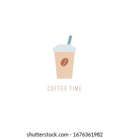 Paper cup with a straw. Coffee theme. Coffee lovers concept.  Minimalistic Icon. Logo template. Colored vector Illustration. Cartoon style, simple Flat design. Isolated on a white background