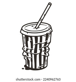 Tubo de papel con paja para el diseño de etiqueta o pancarta. Vector derrumbó taza de plástico para café de comida rápida y bar de comida callejera.