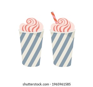 Paper cup with a straw. Ice cream, milkshake. Juice, cocktail, smoothie. Outline vector illustration on a white background.