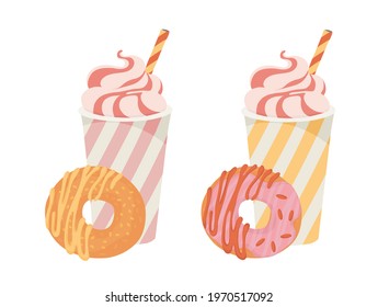 Paper cup with a straw. Ice cream, milkshake. Juice, cocktail, smoothie. A doughnut with frosting. A doughnut with frosting. 