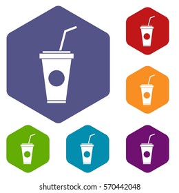 Paper cup with straw icons set rhombus in different colors isolated on white background