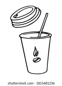 A paper cup with a straw and an open lid.  A hot coffee bean is drawn on the cup.  Vector illustration.  Drawn in doodle style by outline.