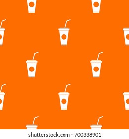 Paper cup with straw pattern repeat seamless in orange color for any design. Vector geometric illustration
