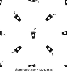 Paper cup with straw pattern repeat seamless in black color for any design. Vector geometric illustration
